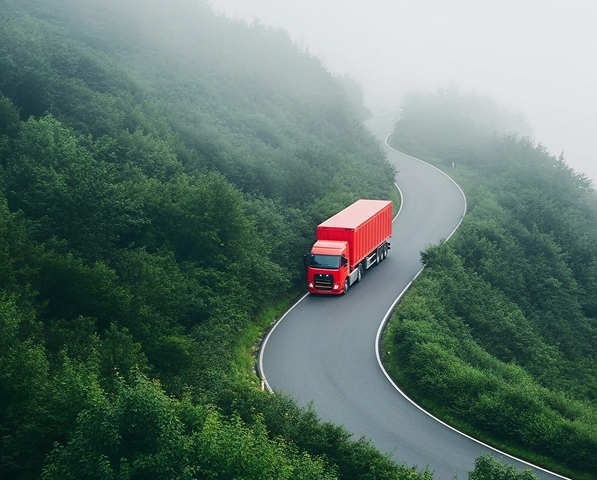 Red truck driving on a winding green road