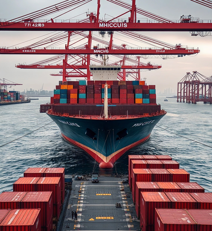 Large container ship at a busy port with red cranes