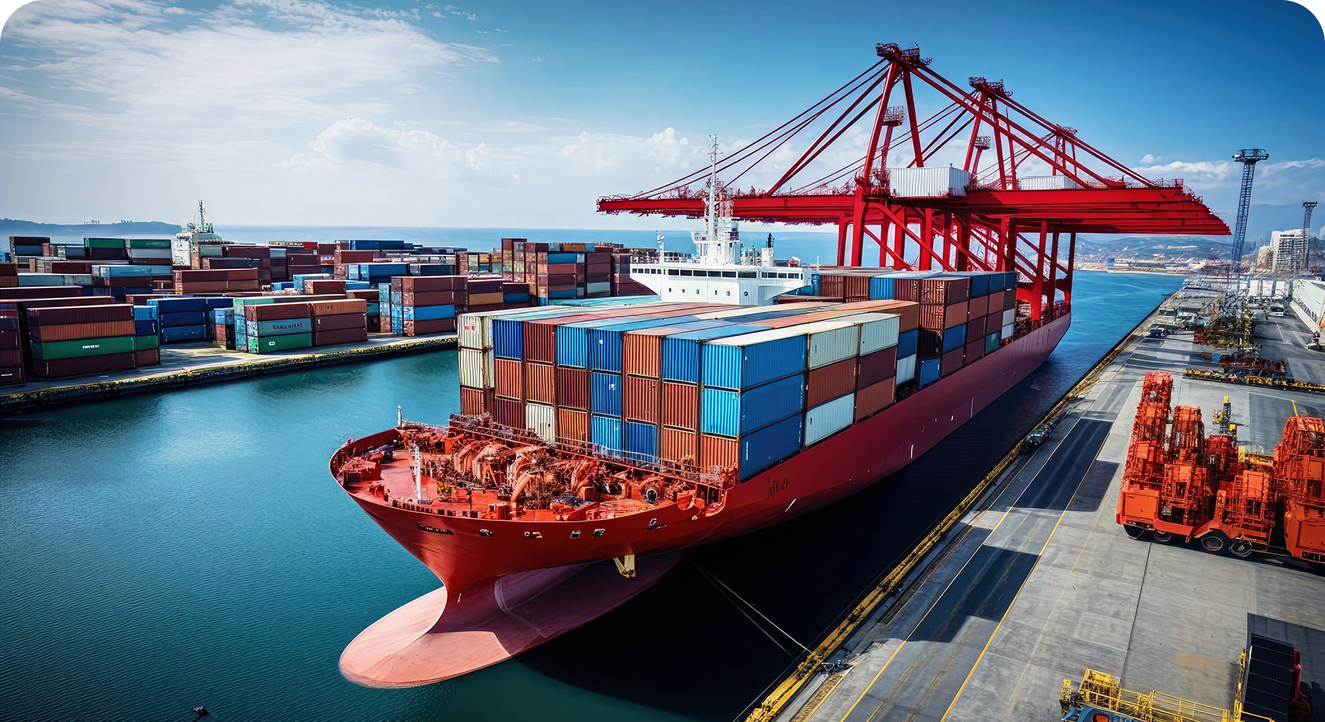 Busy shipping port with container ship and cranes